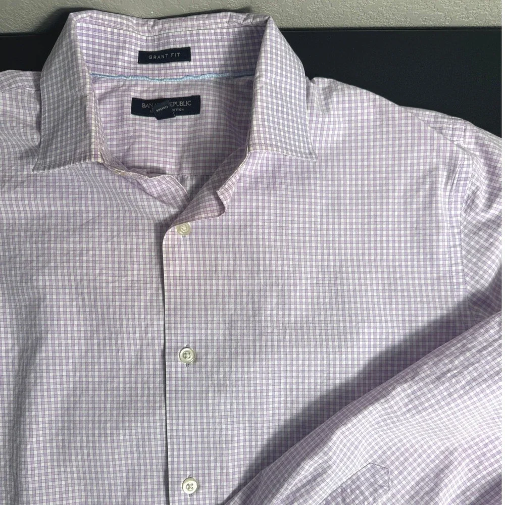 Banana Republic Grant Fit Shirt Mens Large Purple Micro Check 120s Supima Cotton